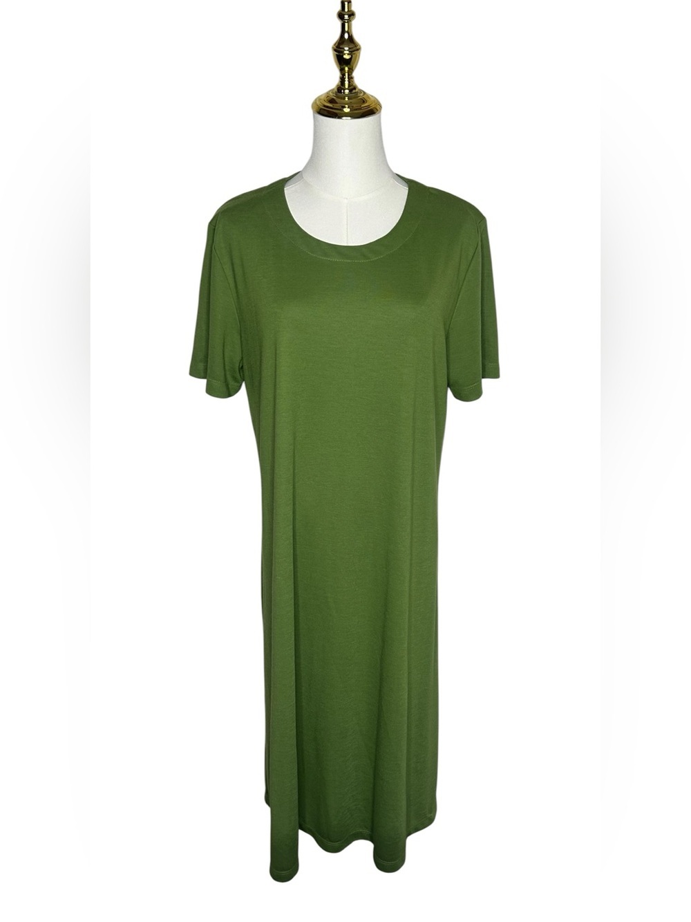 Susan Graver Green Short-Sleeve Midi Dress EUC Sz L Stretch Earthcore Travel
